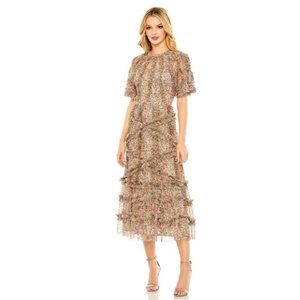 Mac Duggal FLUTTER SLEEVE MESH PRINT Midi DRESS Lined Size 16